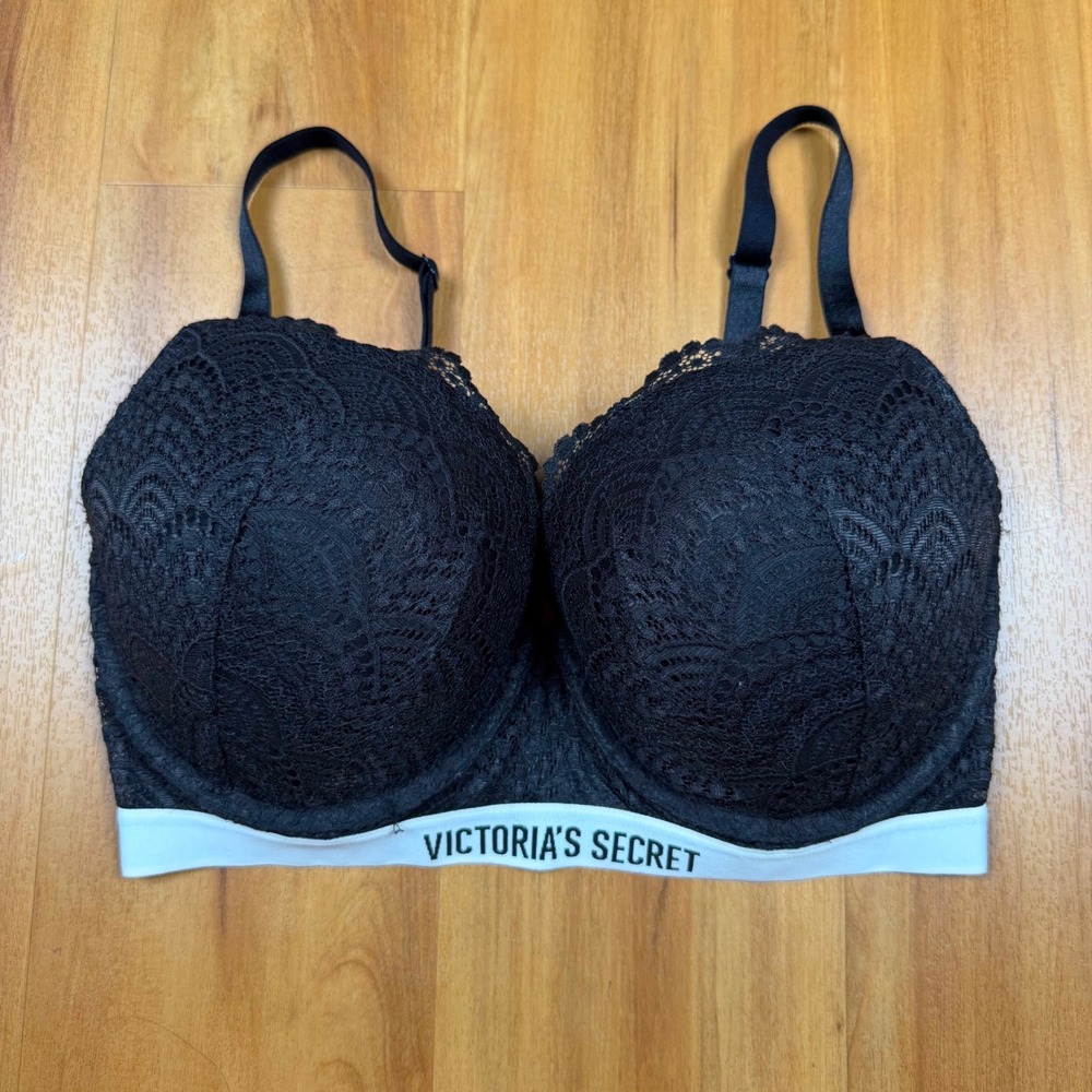 Victoria's Secret Black Lace Perfect Shape Bra 34DDD Logo Band 389627-093